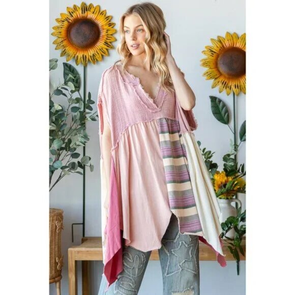Oli & Hali Washed Mixed Media V Neck Pointed Hem Babydoll Top Pink Oversized Siz - Picture 5 of 9